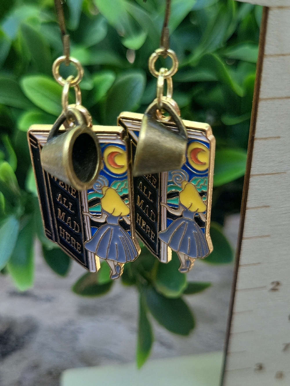 Handmade Alice Themed Blue & Gold Enamel Earrings